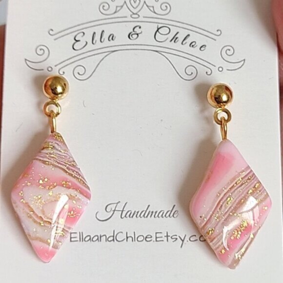 Boho Gold Ball Resin Pink Agate Gemstone Inspired Diamond Drop Dangle Earrings - Picture 1 of 6